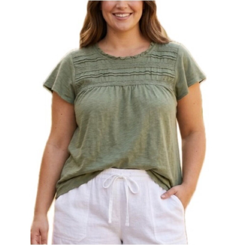 Ella Moss Lace Trim Flutter Sleeve Babydoll Tee Womens Size XL Olive Pintuck